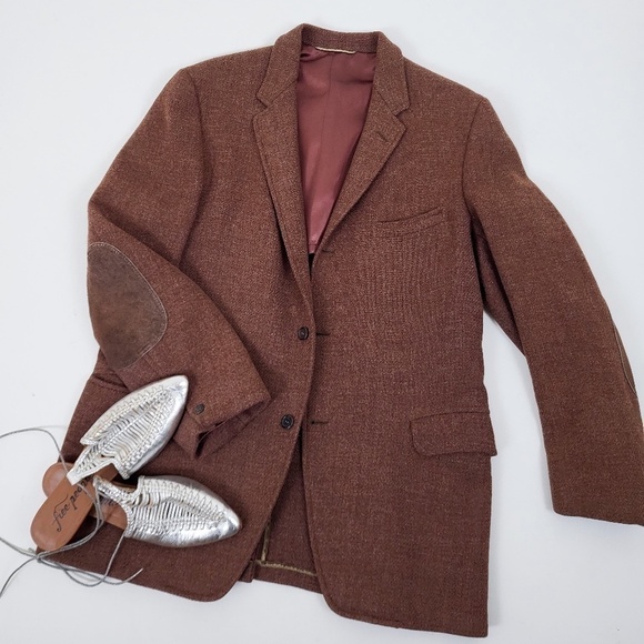 Oversized wool tweed blazer leather elbow pads vintage textured neutral caramel - Picture 12 of 13